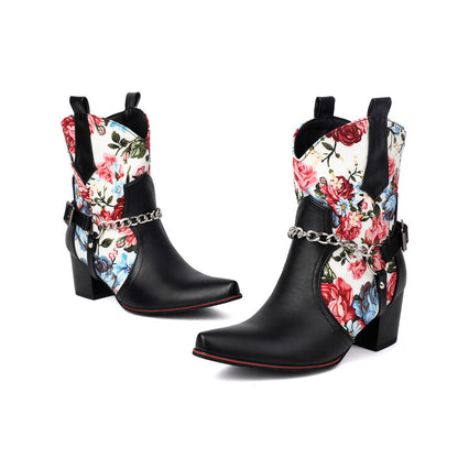 Women's Flowers Chains Pointed Toe Block Heel Short Western Boots