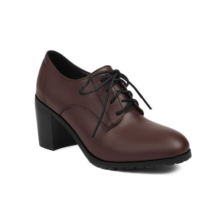 Women's Round Toe Square High Heel Lace Up Derby Shoes