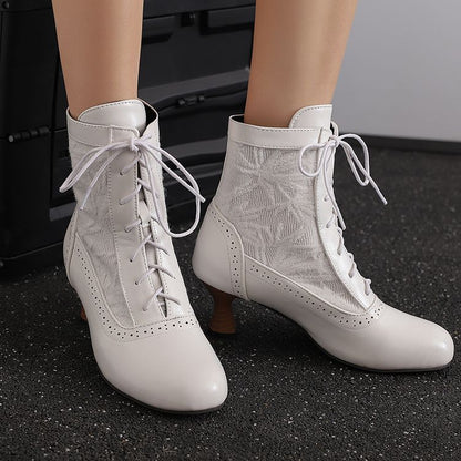 Women's Embroider Lace-Up Round Toe Hoof Heel Ankle Boots