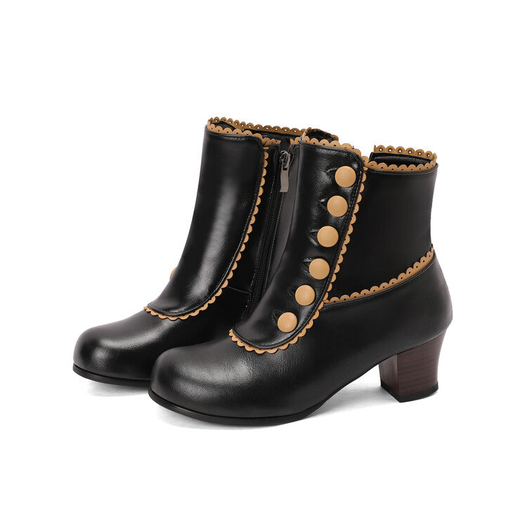 Women's Patchwork Rivets Round Toe Block Heel Ankle Boots