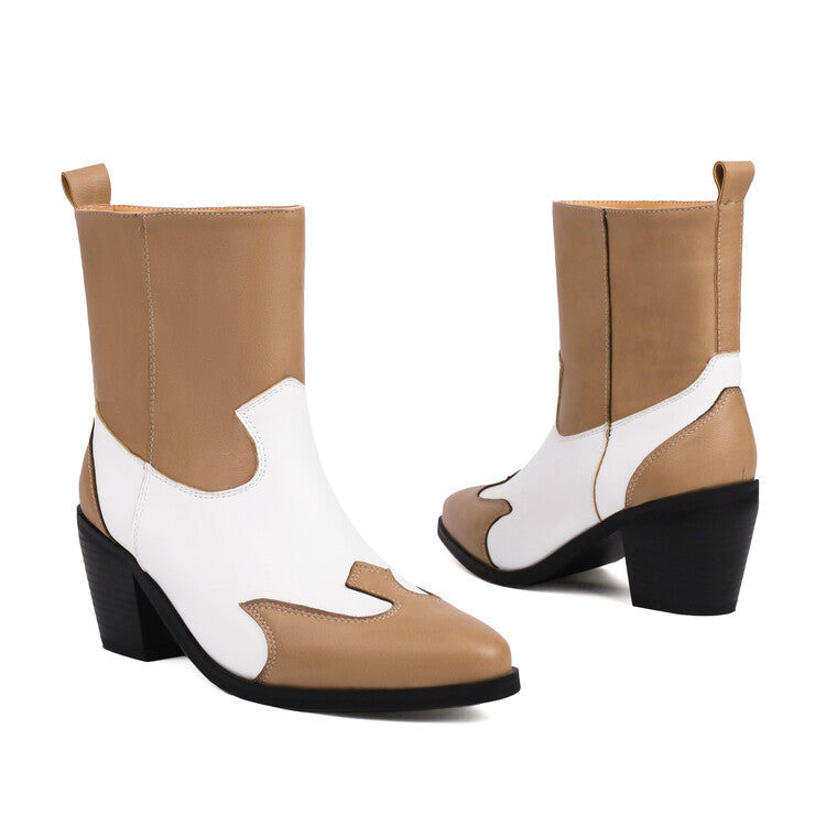 Women's Patchwork Pointed Toe Block Heel Western Boots