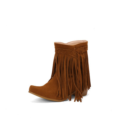 Women's Tassel Block Heel Short Boots