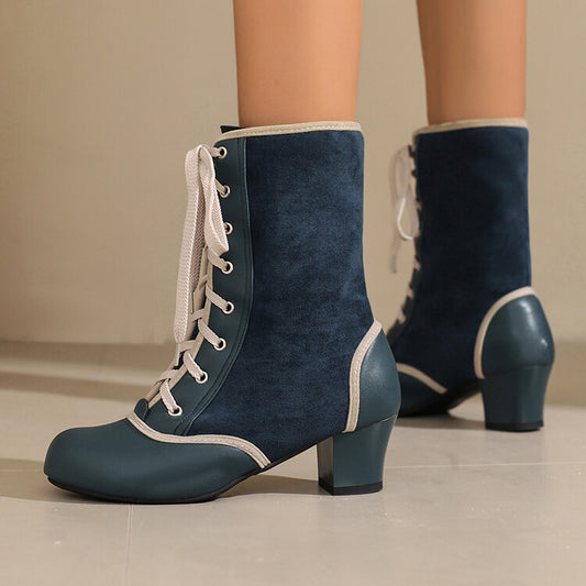 Women's Patchwork Lace-Up Round Toe Block Heel Short Boots