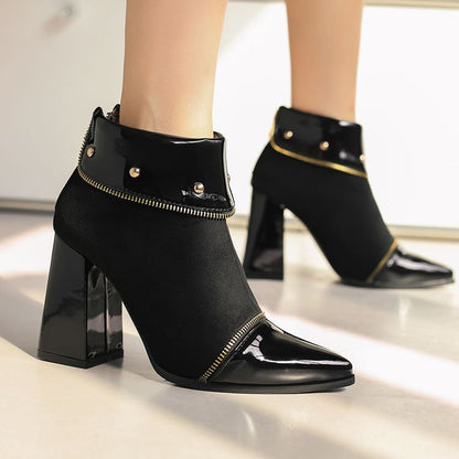 Women's Glossy Rivets Pointed Toe Block Heel Ankle Boots