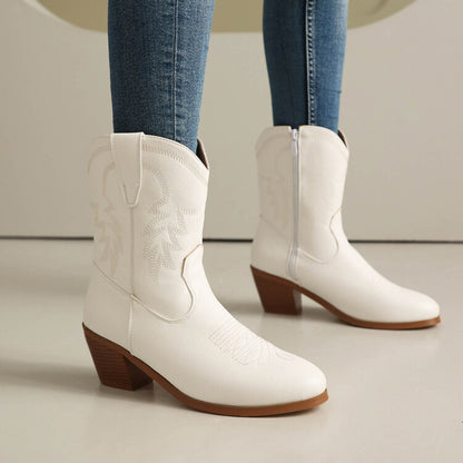 Women's Embroider Round Toe Block Heel Western Boots