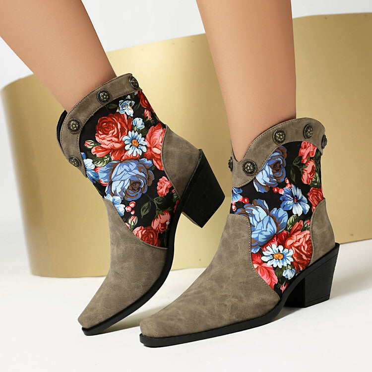 Women's Flowers Pattern Pointed Toe Block Heel Western Boots