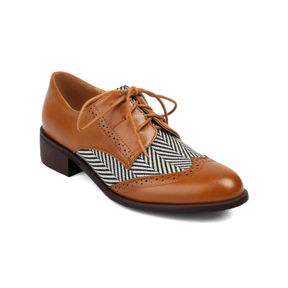 Women's Lace Up Color Blocking Brogues Low Heel Derby Shoes