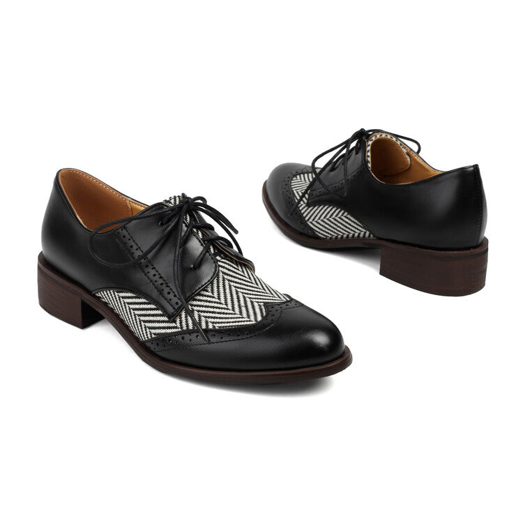 Women's Lace Up Color Blocking Brogues Low Heel Derby Shoes