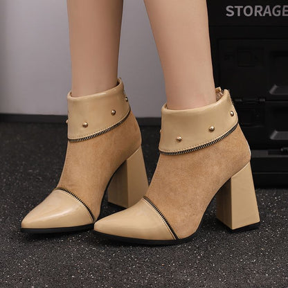 Women's Glossy Rivets Pointed Toe Block Heel Ankle Boots