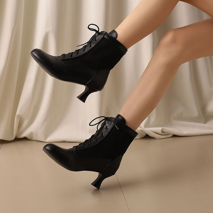 Women's Embroider Lace-Up Round Toe Hoof Heel Ankle Boots