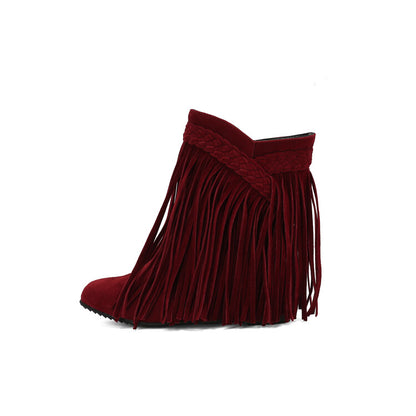 Women's Tassel Round Toe Wedge Heel Short Boots