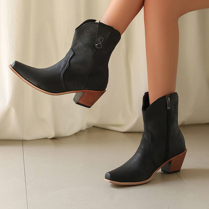 Women's Patchwork Pointed Toe Block Heel Ankle Western Boots