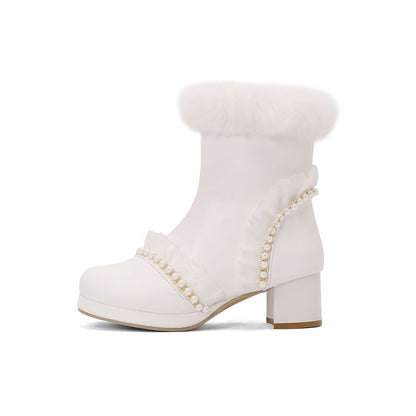 Women's Beads Round Toe Block Heel Platform Short Boots