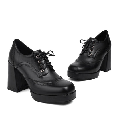 Women'S Square Toe Shoelace Platform Square Heel Brogue Shoes