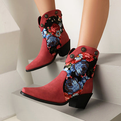 Women's Flowers Pattern Pointed Toe Block Heel Western Boots