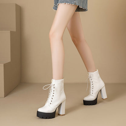 Women's Plush Lace-Up High Heel Platform Short Boots