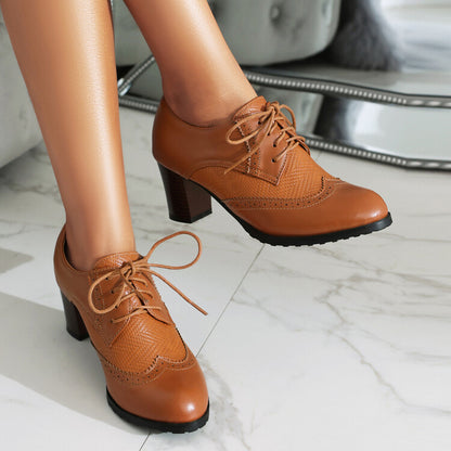 Women's Lace-Up Round Toe Block Heel Brogue Shoes