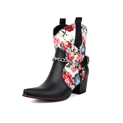 Women's Flowers Chains Pointed Toe Block Heel Short Western Boots