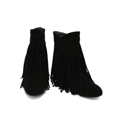 Women's Tassel Round Toe Wedge Heel Short Boots