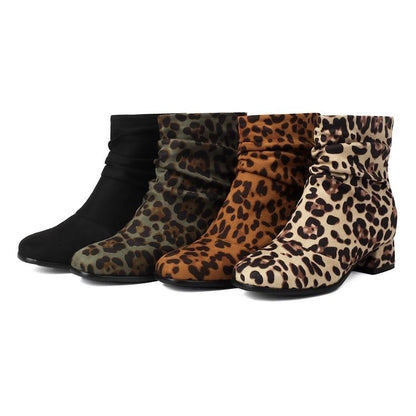 Women'S Leopard Print Round Toe Block Heel Ankle Boots