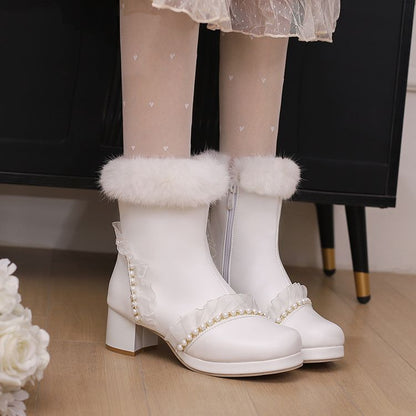 Women's Beads Round Toe Block Heel Platform Short Boots