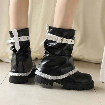 Women's Lace Buckle Strap Flats Short Boots