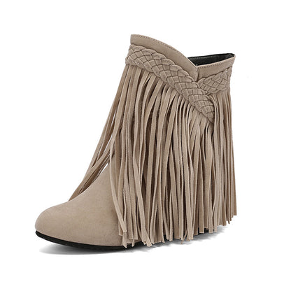 Women's Tassel Round Toe Wedge Heel Short Boots