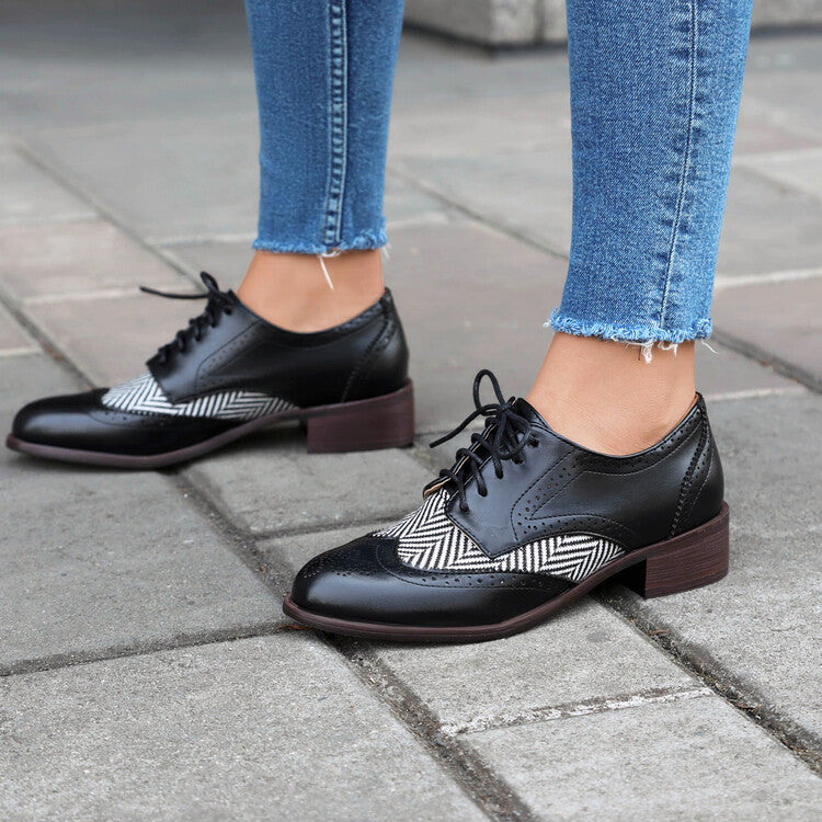 Women's Lace Up Color Matching Brogues Low Heel Derby Shoes