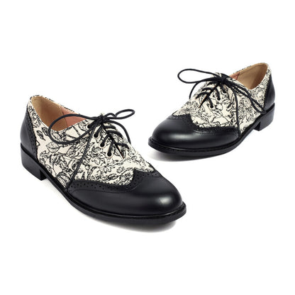 Women's Printed Lace-Up Round Toe Low Heel Oxfords Brogues Shoes