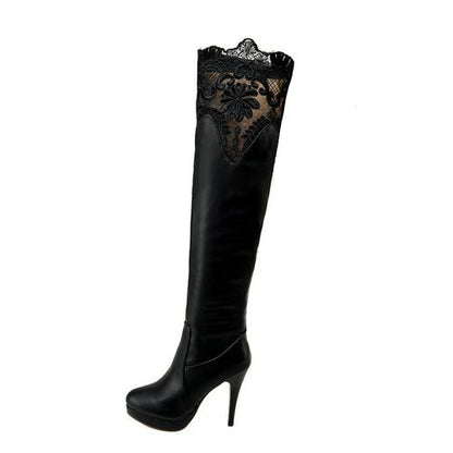 Women Lace High Heels Platform Knee High Boots