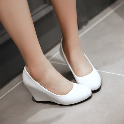 Patent Leather Round Toe Women Wedges Platform Shoes