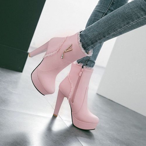 Women's Lace Rhinestone High Heels Platform Short Boots