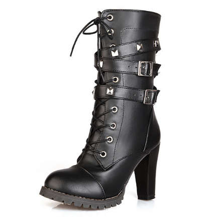 Round Toe Mid Calf Boots Zipper Lace Up Motorcycle Boots Women Shoes