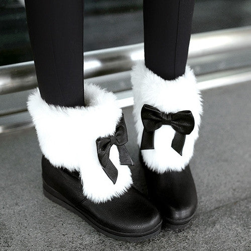 Rabbit Fur Snow Boots with Bow Winter Women Shoes – Shoeu