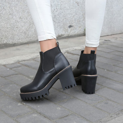 Round Toe High Heels Ankle Boots Platform Chunky Heels 8709