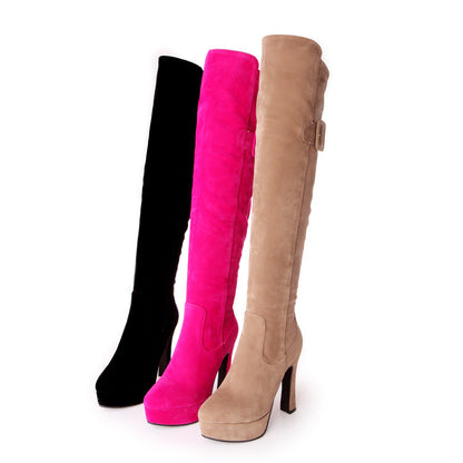 Women Over the Knee Boots Flock High Heels Thick Heel Platform Shoes Woman 2016 3519