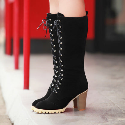 Lace Up Knee High Boots High Heels Zipper Platform Shoes Woman 3299 3299