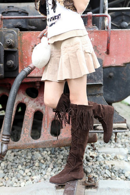 Tassel Faux Suede Flats Knee High Boots Women 8180