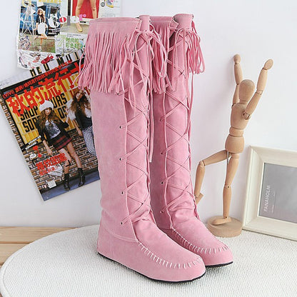 Tassel Faux Suede Flats Knee High Boots Women 8180