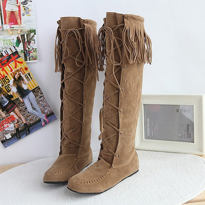 Tassel Faux Suede Flats Knee High Boots Women 8180