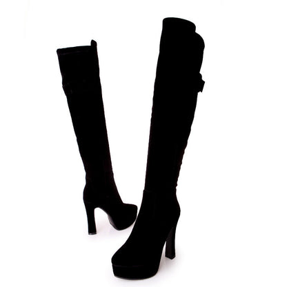 Women Over the Knee Boots Flock High Heels Thick Heel Platform Shoes Woman 2016 3519