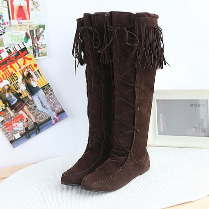 Tassel Faux Suede Flats Knee High Boots Women 8180