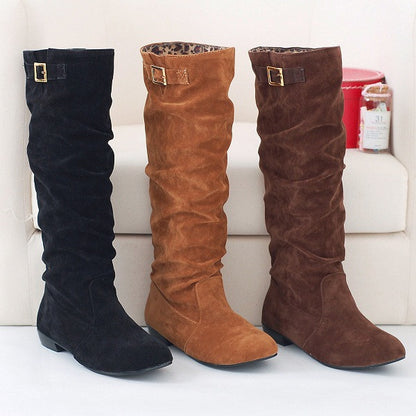 Buckle Faux Suede Knee High Boots Low Chunky Heels 2127