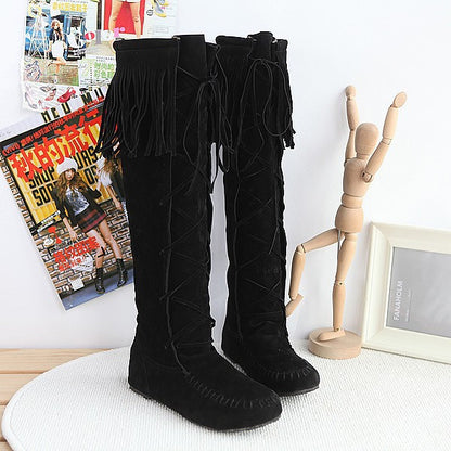 Tassel Faux Suede Flats Knee High Boots Women 8180