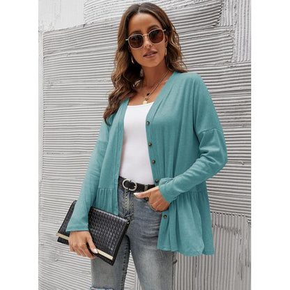 Women Mid-length Single-breasted Buttoned Long-sleeved Cardigan Irregular Hem Tops