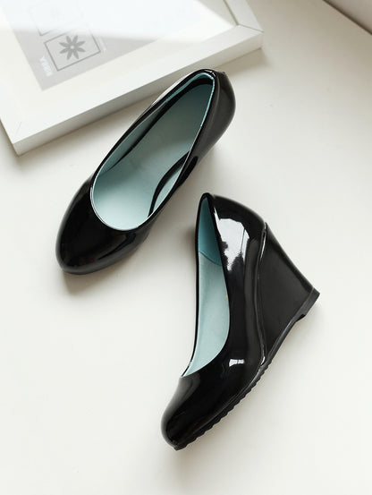 Patent Leather Round Toe Women Wedges Platform Shoes