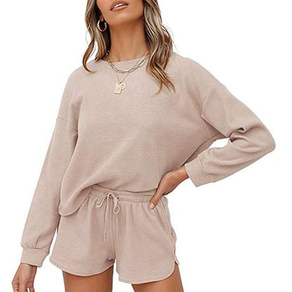 Women Long Sleeve T Shirt Tops Shorts Solid Color Home Two-piece Suit