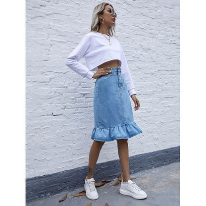 Ins Fashion High Waist Flounce Denim Women Skirts