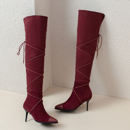 Women Pointed Toe Suede High Heels Knee High Boots