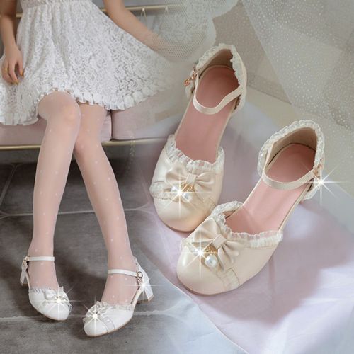 Women's Lace Bow Tie Mary Jane Mid Heels Sandals